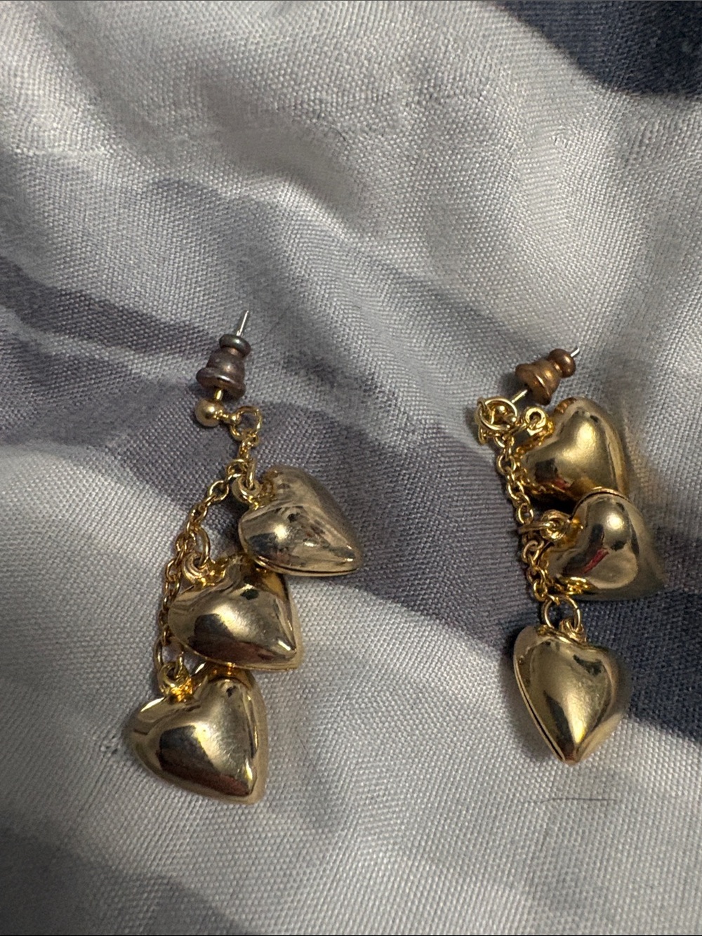 Gold Heart Drop Earrings - Dangle Trio Heart Design vintage